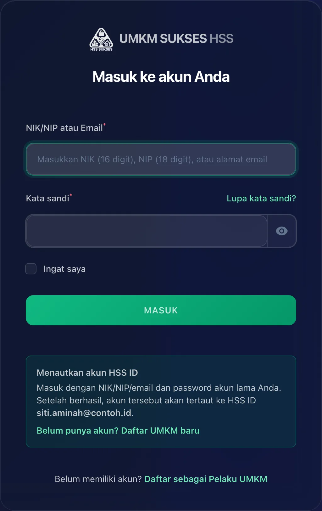Halaman masuk dengan pemberitahuan Menautkan akun HSS ID