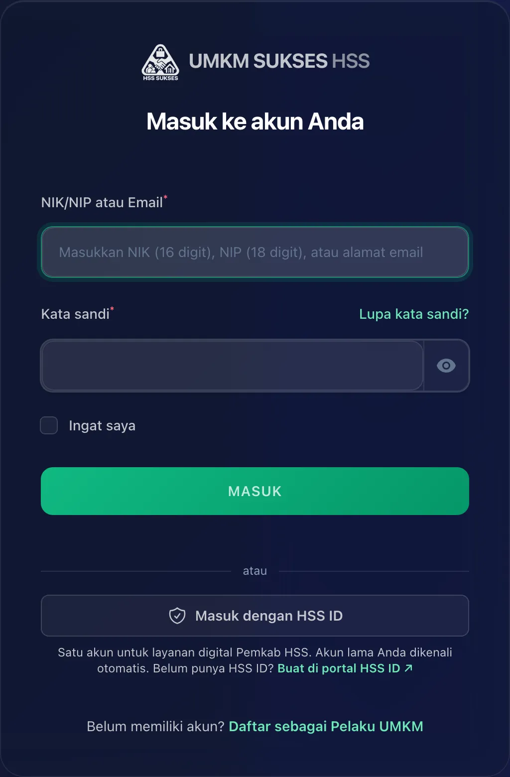 Halaman masuk UMKM SUKSES dengan tombol Masuk dengan HSS ID
