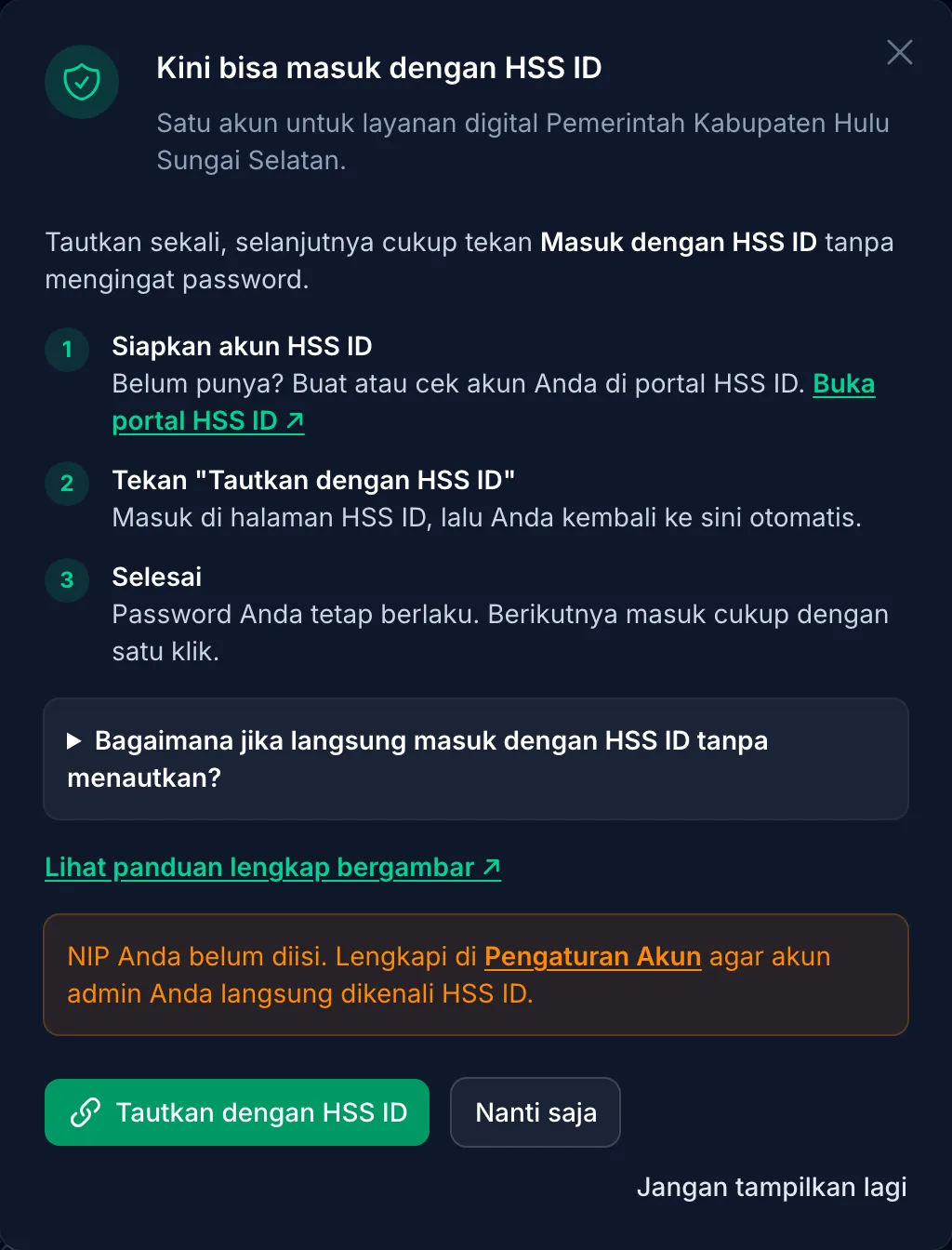 Pengumuman Kini bisa masuk dengan HSS ID di dalam aplikasi