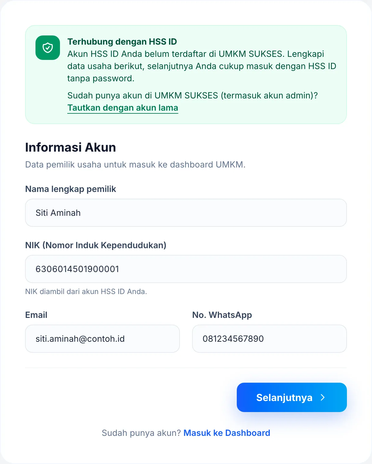 Formulir pendaftaran UMKM yang terisi dari HSS ID